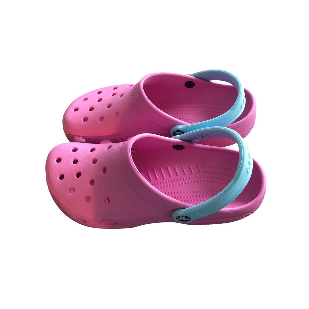 Crocs Classic Clogs Pink Blue Strap Mens 10 Womens 12 Comfort Slip On Shoes - Picture 2 of 9